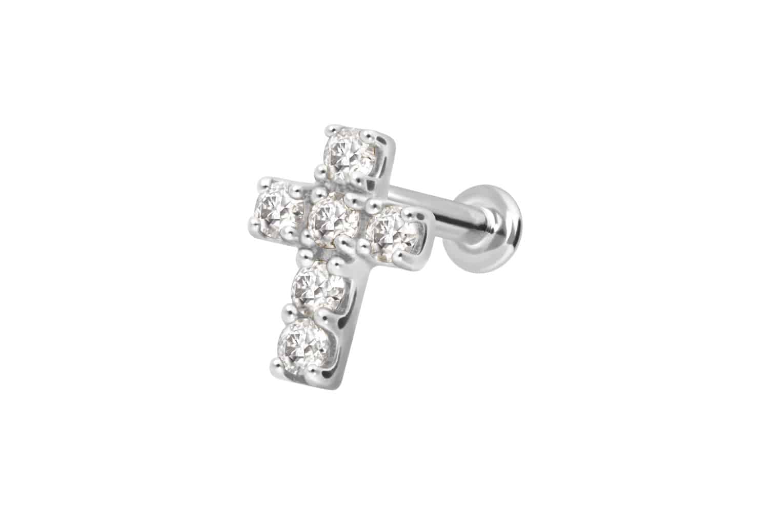 14 Karat Gold Labret Piercing mit Push Fit MOISSANIT-KREUZ